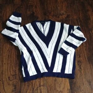 Navy and White Striped V-Neck Sweater